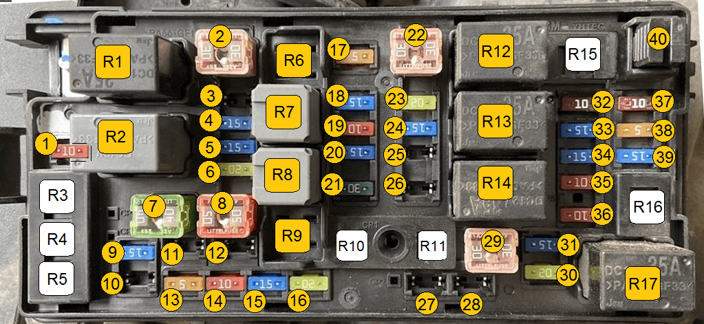 Chevrolet Spark M300 - diagram of the fuse box under the hood