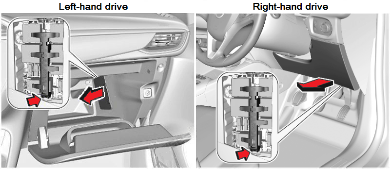 Location of Opel Corsa F fuse boxes and relays in the passenger compartment